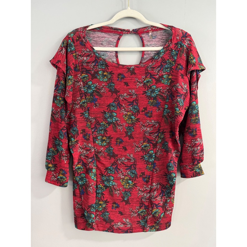 Free People Floral Print Tunic Top M Red‎ Teal Boho Casual Long Sleeve